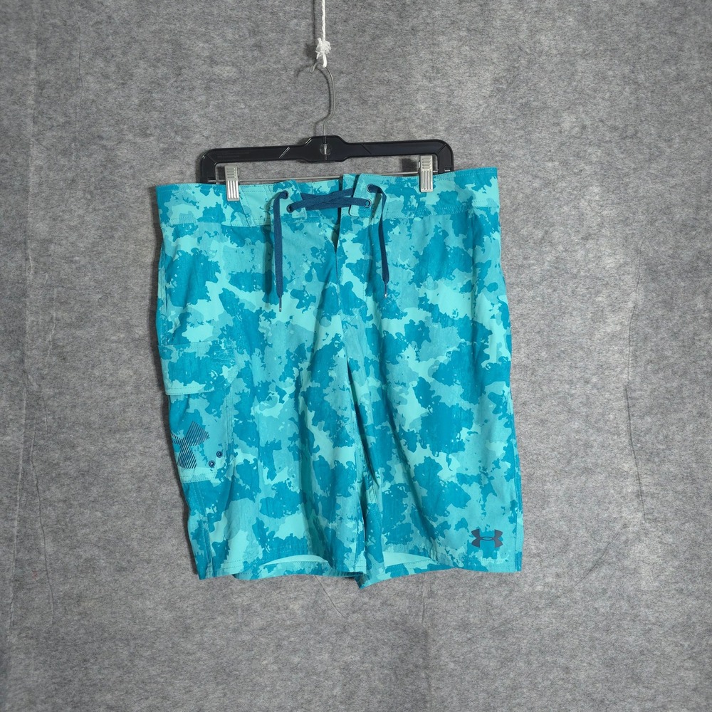 Under Armour HeatGear Storm Board Shorts Men 36 Turquoise Camo Cargo Swim Trunks